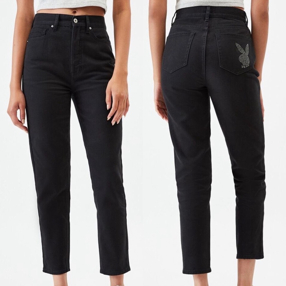 Playboy by PacSun High Waisted Slim Fit Black Jeans Rhinestone Bunny Logo Sz 28